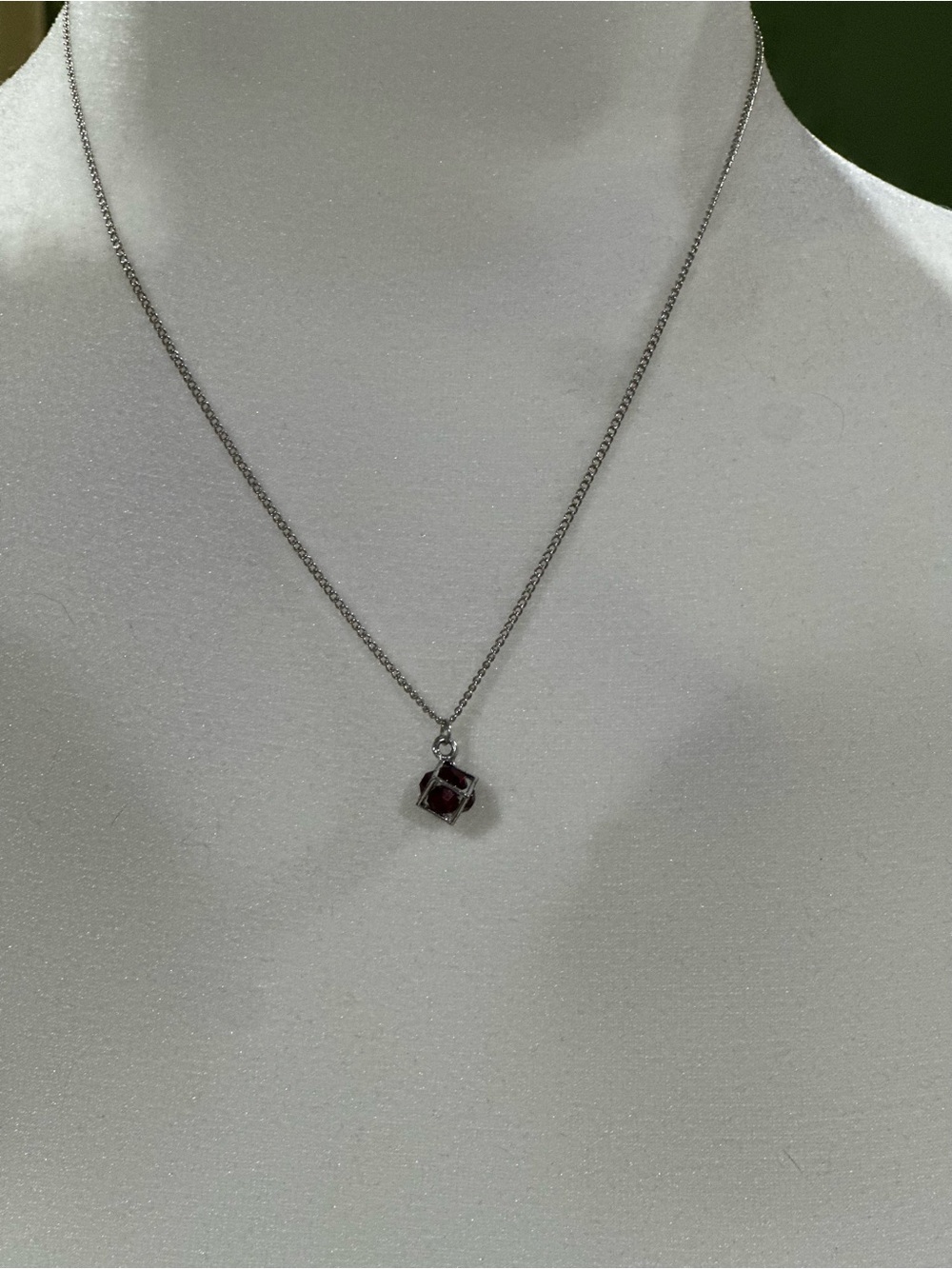 Sterling Silver Garnet Cube Pendant Necklace - Elegant Red Gem